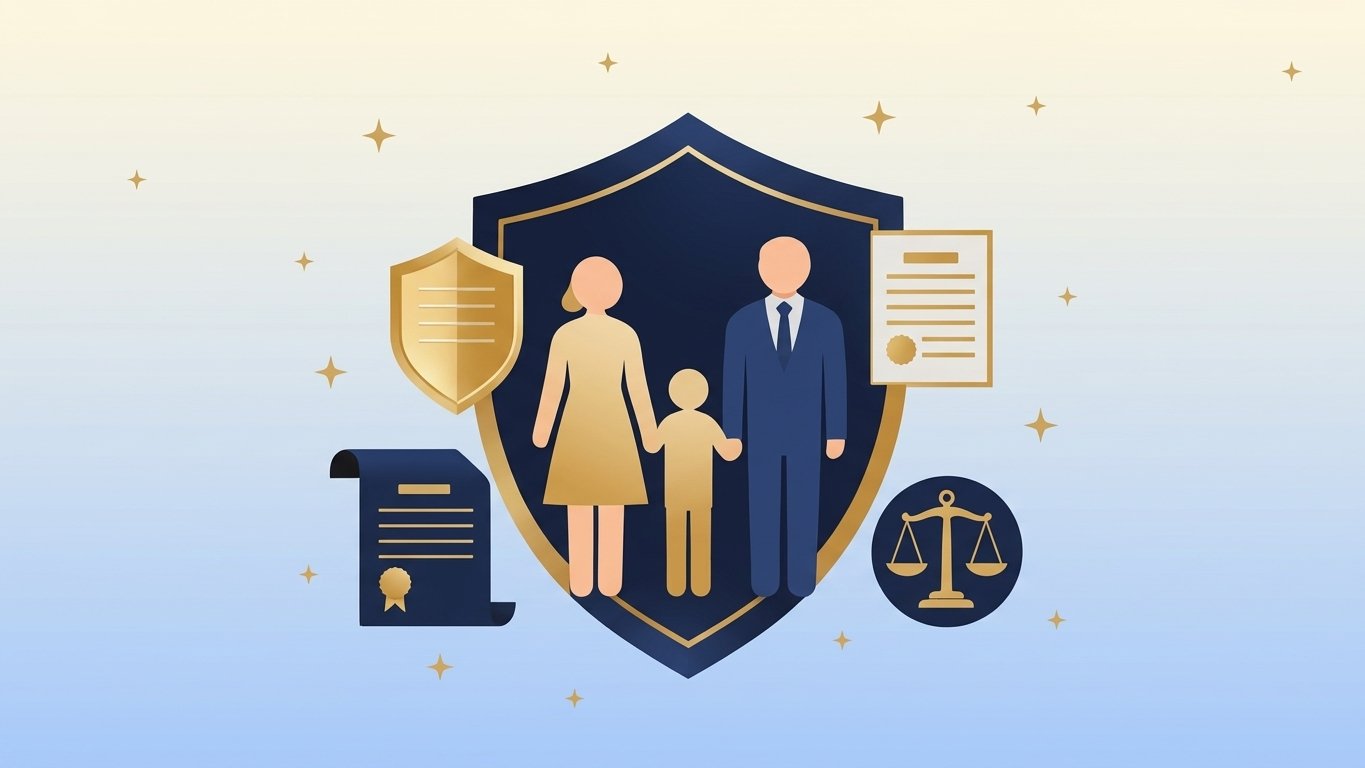 Ilustração de proteção familiar com escudo, família, e documentos legais
